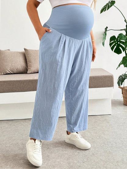 Plussiva Maternity Plus Size Solid Color High Waist Slant Pocket Fashion Pants Vacation Outfits Fall