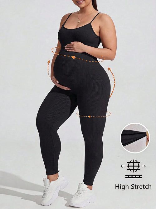 Plussiva Plus-Size Black Maternity Athletic Jumpsuit (Tank-Style) Fall Sports Gym Airport Outfit Women