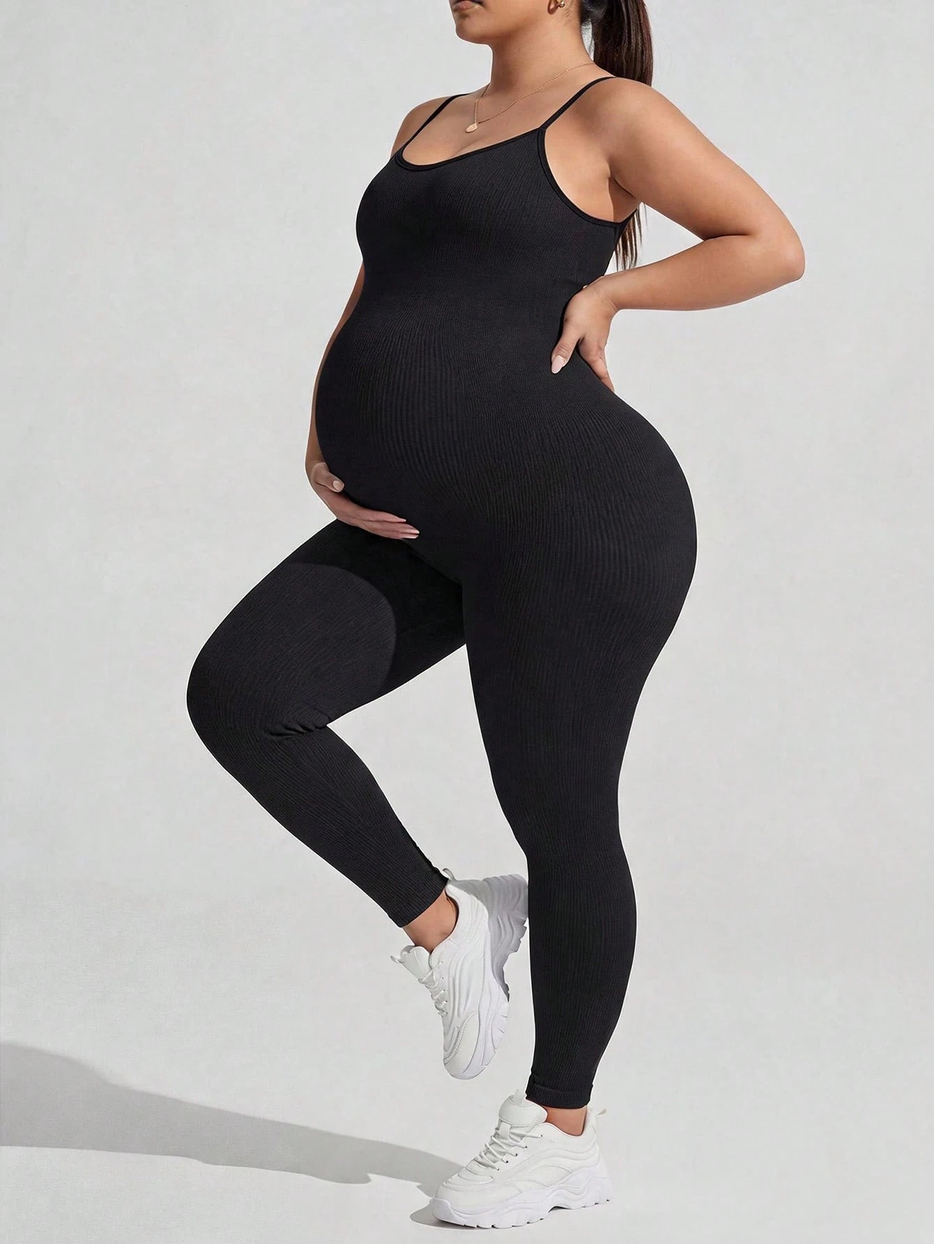 Plussiva Plus-Size Black Maternity Athletic Jumpsuit (Tank-Style) Fall Sports Gym Airport Outfit Women