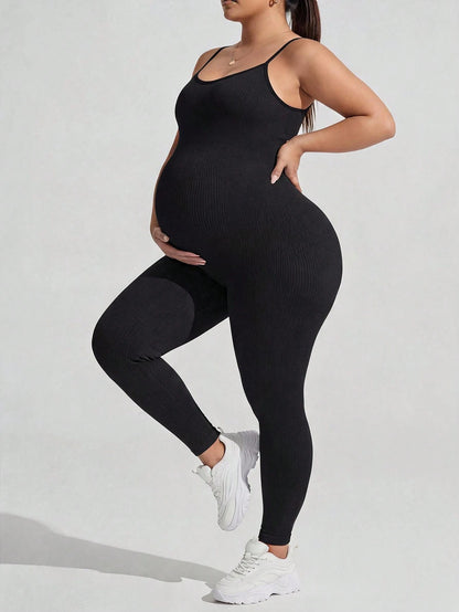 Plussiva Plus-Size Black Maternity Athletic Jumpsuit (Tank-Style) Fall Sports Gym Airport Outfit Women