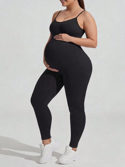 Plussiva Plus-Size Black Maternity Athletic Jumpsuit (Tank-Style) Fall Sports Gym Airport Outfit Women