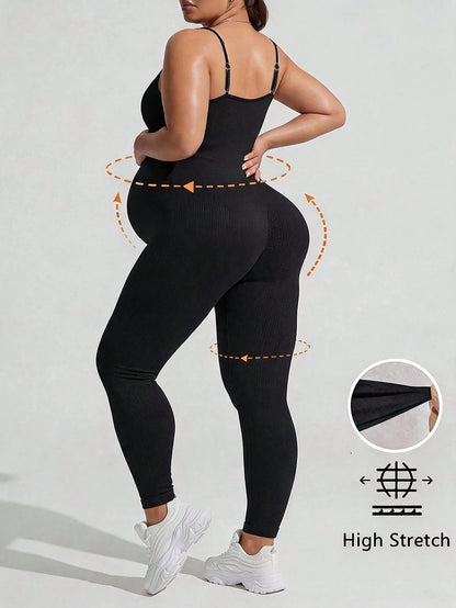 Plussiva Plus-Size Black Maternity Athletic Jumpsuit (Tank-Style) Fall Sports Gym Airport Outfit Women