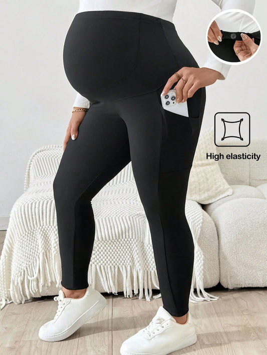 Plussiva Plus-Size Maternity Casual Black Slim-Fit Pants,Maternity Leggings With Pockets,Sommar Gym Style,Comfortable Form-Fitting High Elasticity Belly Wear