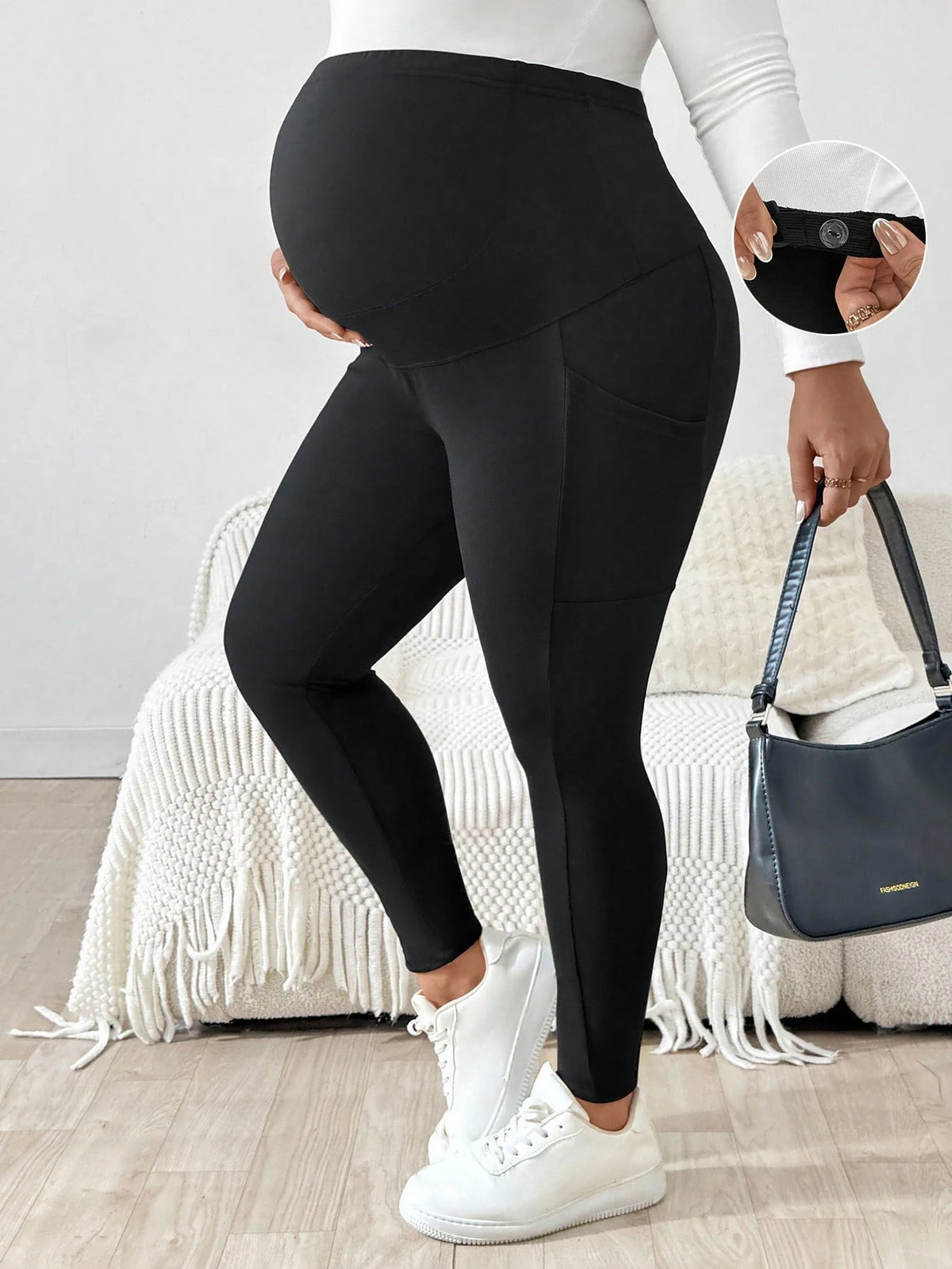 Plussiva Plus-Size Maternity Casual Black Slim-Fit Pants,Maternity Leggings With Pockets,Sommar Gym Style,Comfortable Form-Fitting High Elasticity Belly Wear