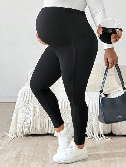 Plussiva Plus-Size Maternity Casual Black Slim-Fit Pants,Maternity Leggings With Pockets,Sommar Gym Style,Comfortable Form-Fitting High Elasticity Belly Wear
