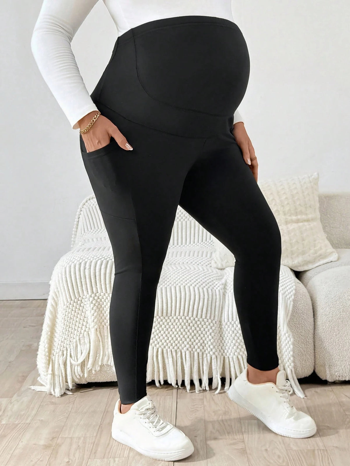 Plussiva Plus-Size Maternity Casual Black Slim-Fit Pants,Maternity Leggings With Pockets,Sommar Gym Style,Comfortable Form-Fitting High Elasticity Belly Wear