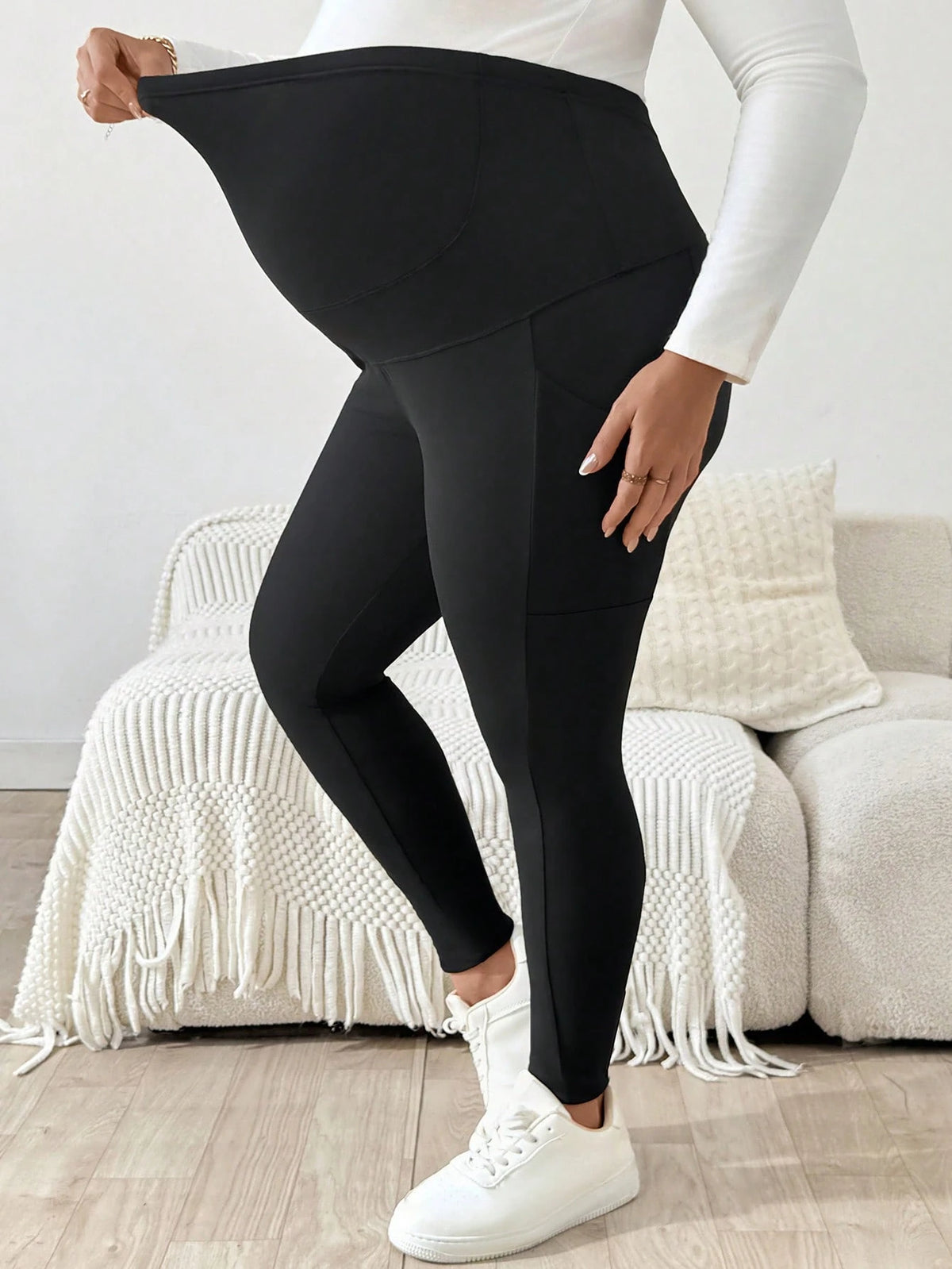 Plussiva Plus-Size Maternity Casual Black Slim-Fit Pants,Maternity Leggings With Pockets,Sommar Gym Style,Comfortable Form-Fitting High Elasticity Belly Wear