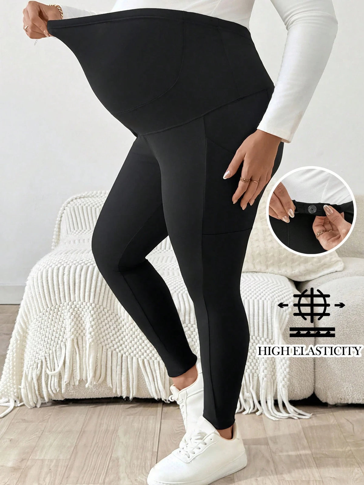 Plussiva Plus-Size Maternity Casual Black Slim-Fit Pants,Maternity Leggings With Pockets,Sommar Gym Style,Comfortable Form-Fitting High Elasticity Belly Wear