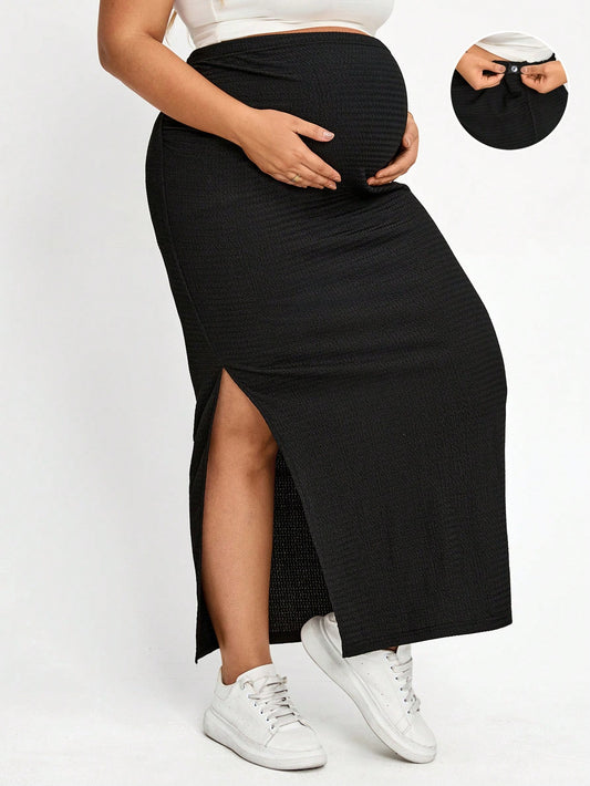 Plussiva Plus Size Maternity Solid Color Side Slit Fitted Skirt, Photoshoot Summer