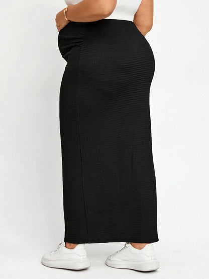 Plussiva Plus Size Maternity Solid Color Side Slit Fitted Skirt, Photoshoot Summer