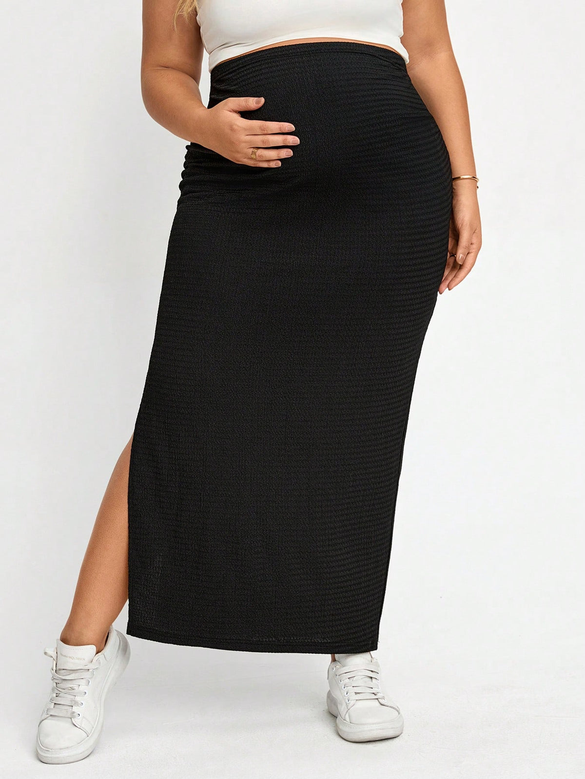 Plussiva Plus Size Maternity Solid Color Side Slit Fitted Skirt, Photoshoot Summer