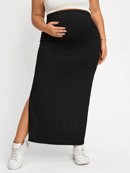 Plussiva Plus Size Maternity Solid Color Side Slit Fitted Skirt, Photoshoot Summer