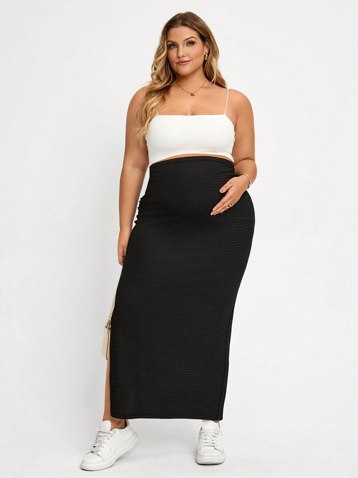 Plussiva Plus Size Maternity Solid Color Side Slit Fitted Skirt, Photoshoot Summer