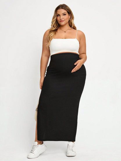 Plussiva Plus Size Maternity Solid Color Side Slit Fitted Skirt, Photoshoot Summer
