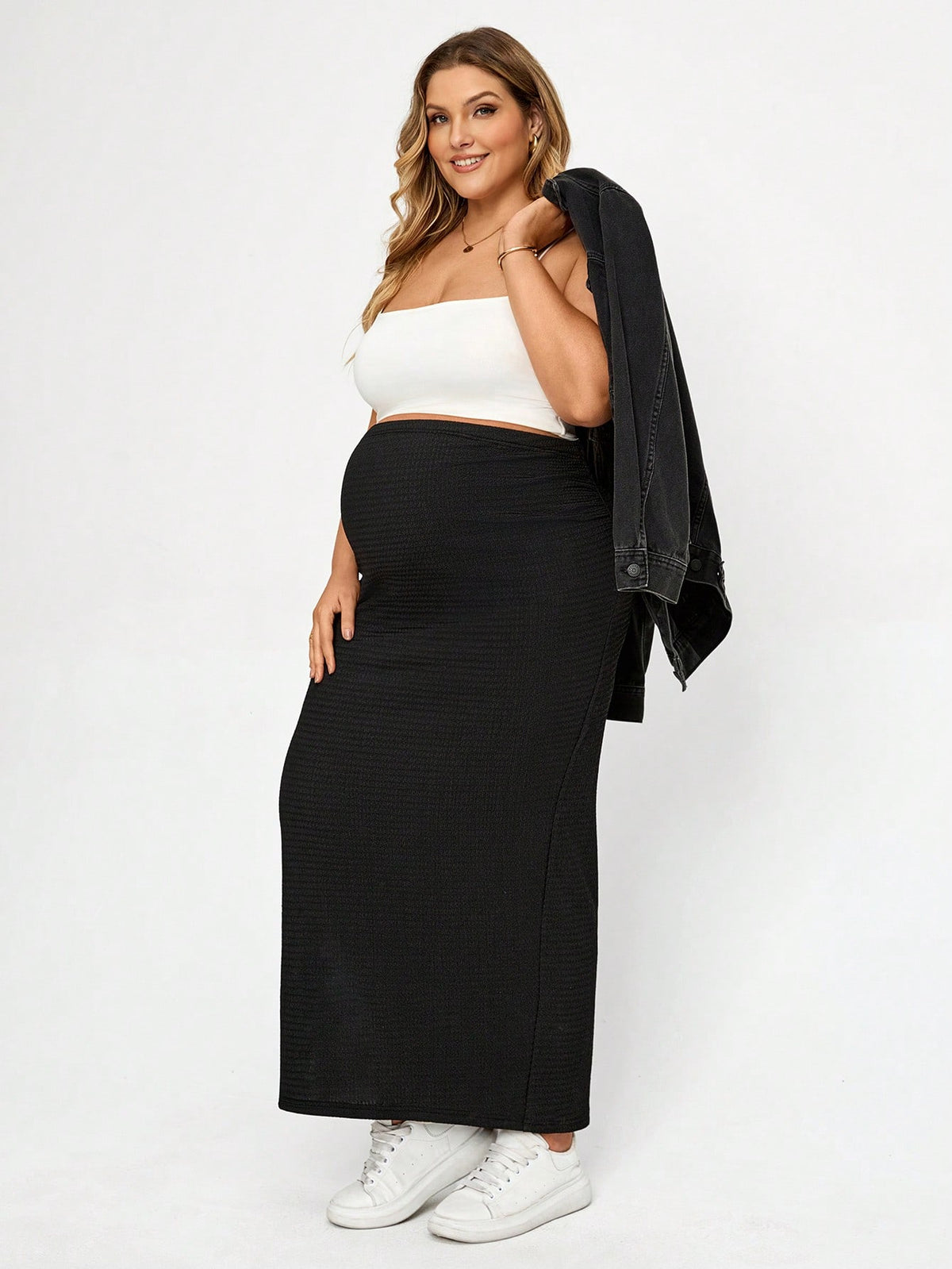 Plussiva Plus Size Maternity Solid Color Side Slit Fitted Skirt, Photoshoot Summer