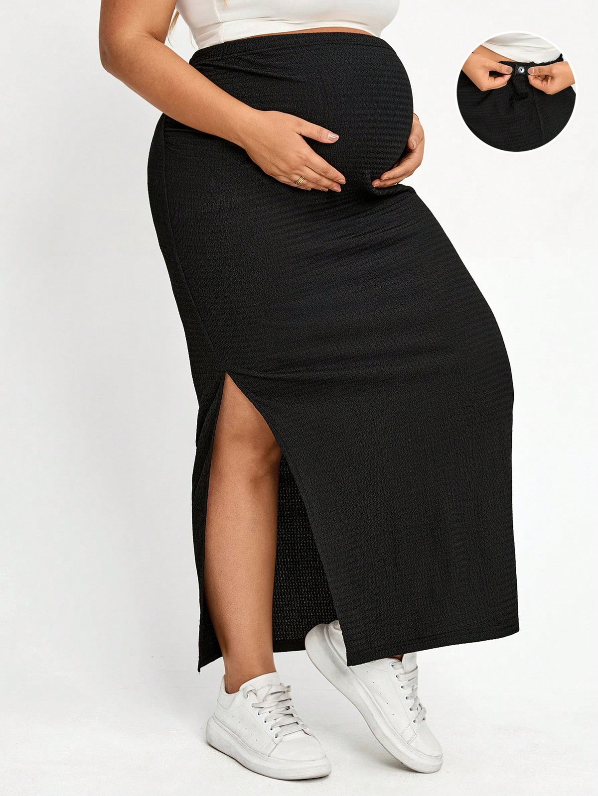 Plussiva Plus Size Maternity Solid Color Side Slit Fitted Skirt, Photoshoot Summer