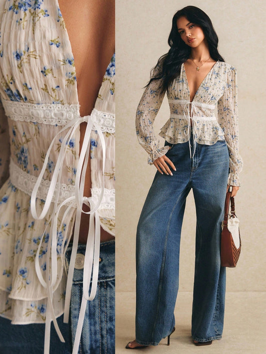 Poéselle Women's Boho Floral Tie Front Blouse For Women – Sheer Long Sleeve Ruffle Hem Peasant Shirt, Vintage Spring Top Sheer Long Sleeve Top Vintage Peasant