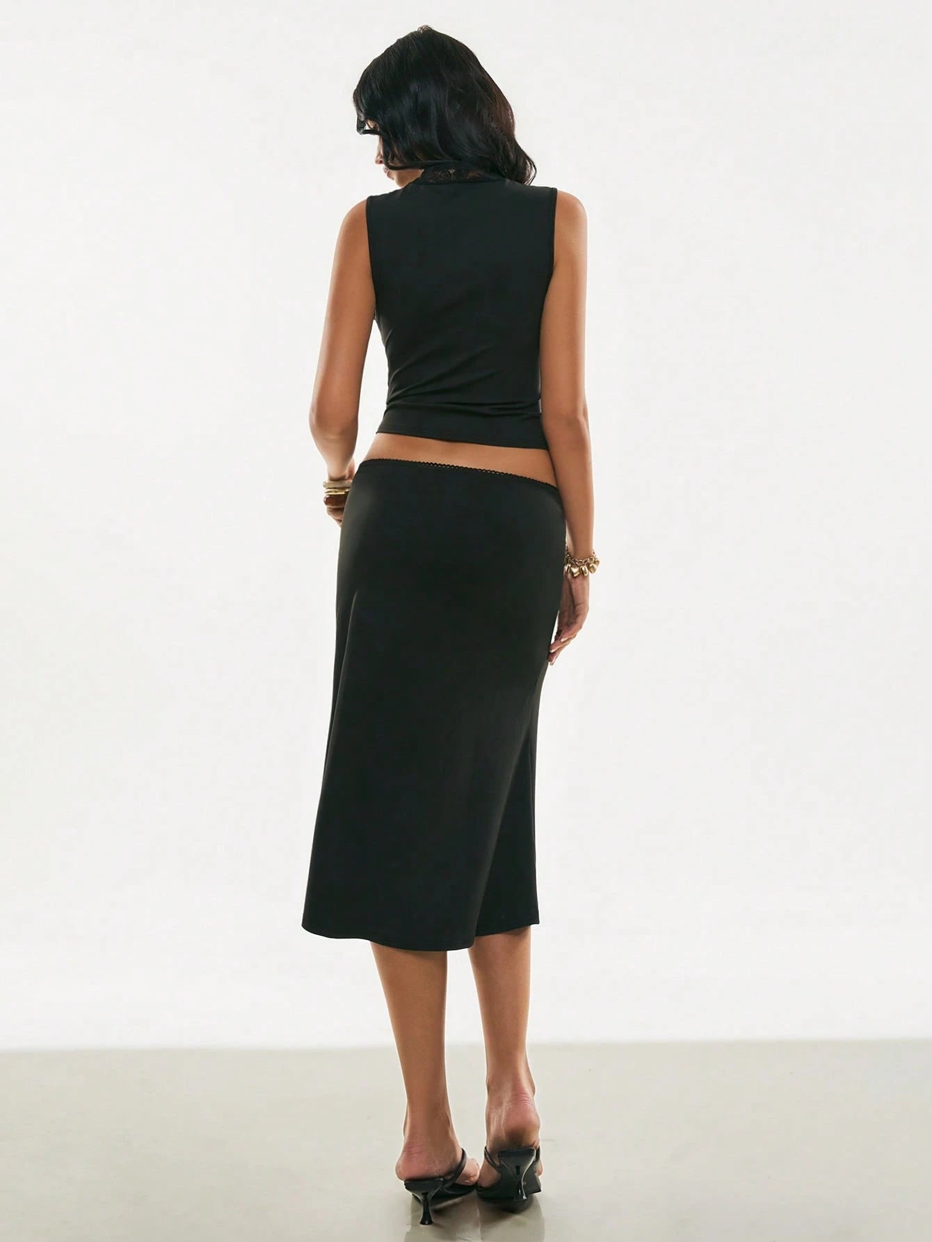Poéselle Women's Elegant Sexy Black 2-Piece Set,Lace-Plunge V-Neck Camisole Bias-Cut Midi Skirt Co-Ord,Sleek Summer Night Out Going Out Outfit,Y2k Minimalist