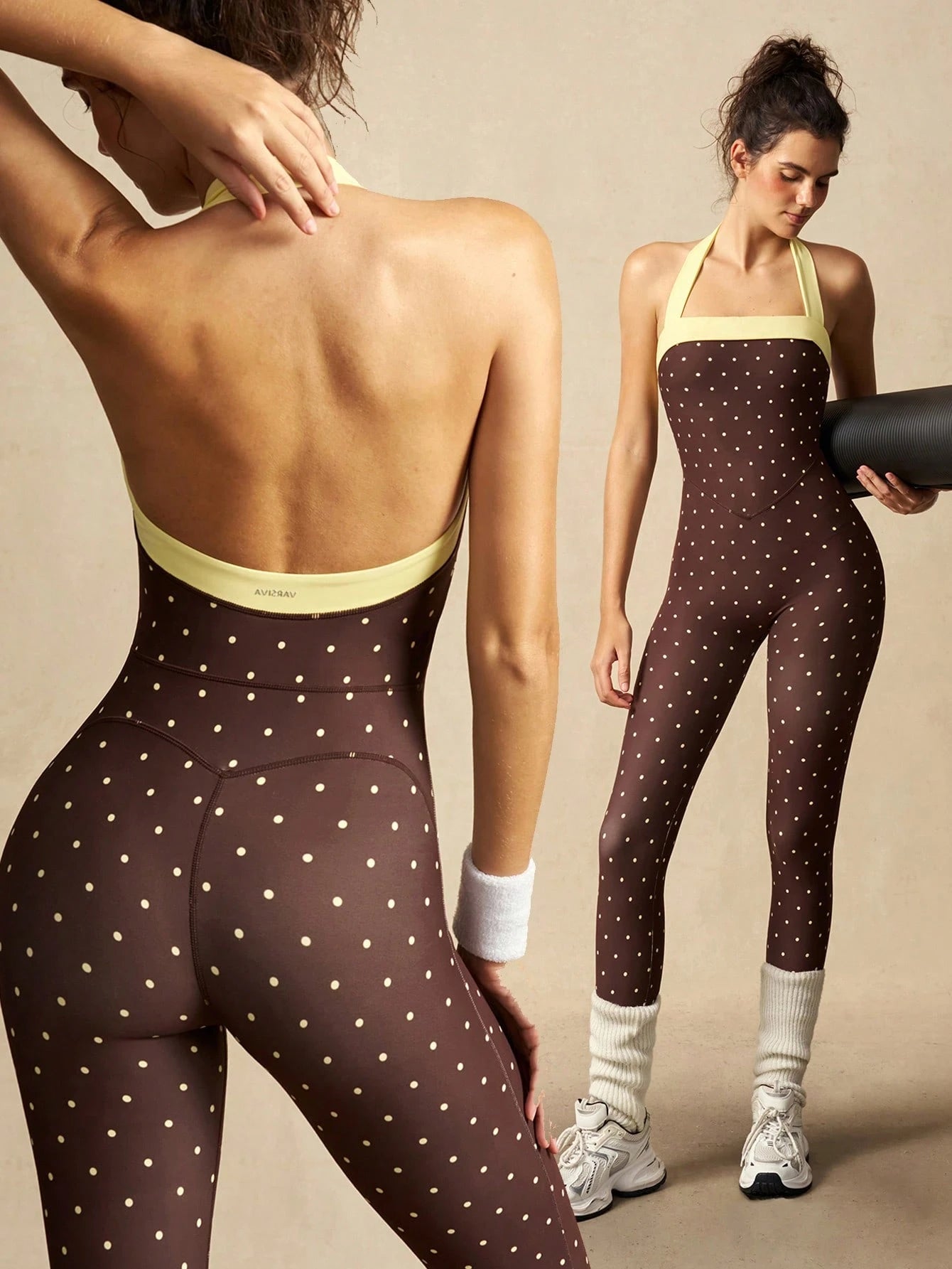 Polka Dot Print Backless Halter Neck Sports Jumpsuit
