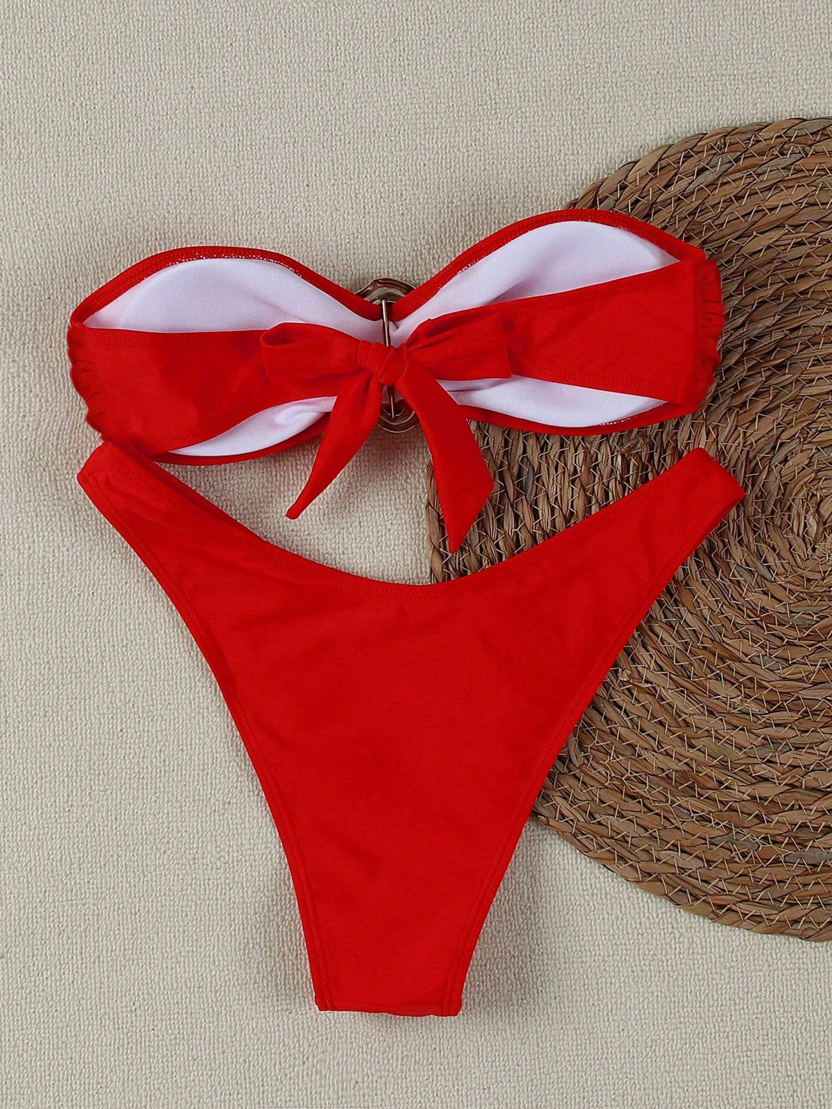 Polovedo Official Red Solid Color Sexy Elegant Casual Beach Holiday Party Date Strapless Bikini Set, Spring/Summer Vacation