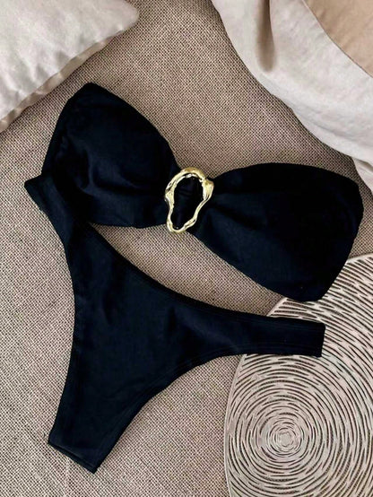 Polovedo Official Red Solid Color Sexy Elegant Casual Beach Holiday Party Date Strapless Bikini Set, Spring/Summer Vacation