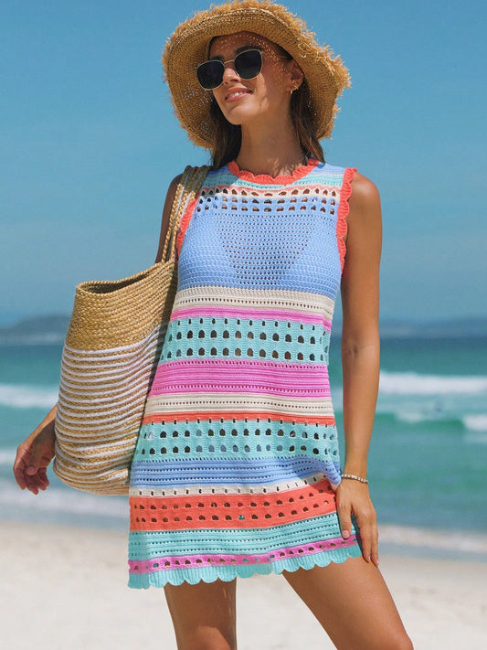 popvil Women's Crochet Lace Beach Cover Up Sleeveless Patchwork Swimsuit Dress