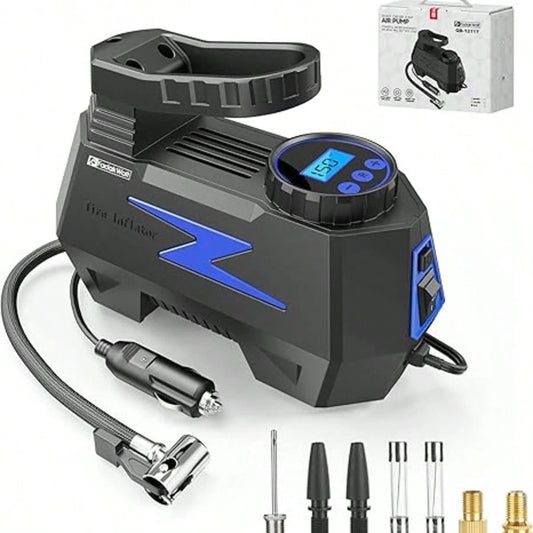 Portable Car Air Compressor Tire Inflator 12V, FADAKWALT Handheld Electric Air Pump With Digital Pressure Gauge & LED Light For Car, Motorcycle, Bicycle And Emergency Use