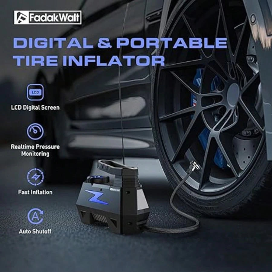 Portable Car Air Compressor Tire Inflator 12V, FADAKWALT Handheld Electric Air Pump With Digital Pressure Gauge & LED Light For Car, Motorcycle, Bicycle And Emergency Use