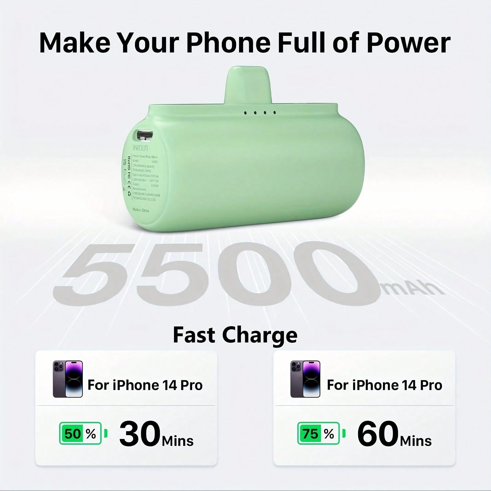 Portable Charger, Small 5500mAh 18W PD Fast Charging Power Bank With External Battery Pack, Mini Travel Charger Compatible With IPhone 14, 13, 12, 11, Pro, Max, XS, XR,, And- Green