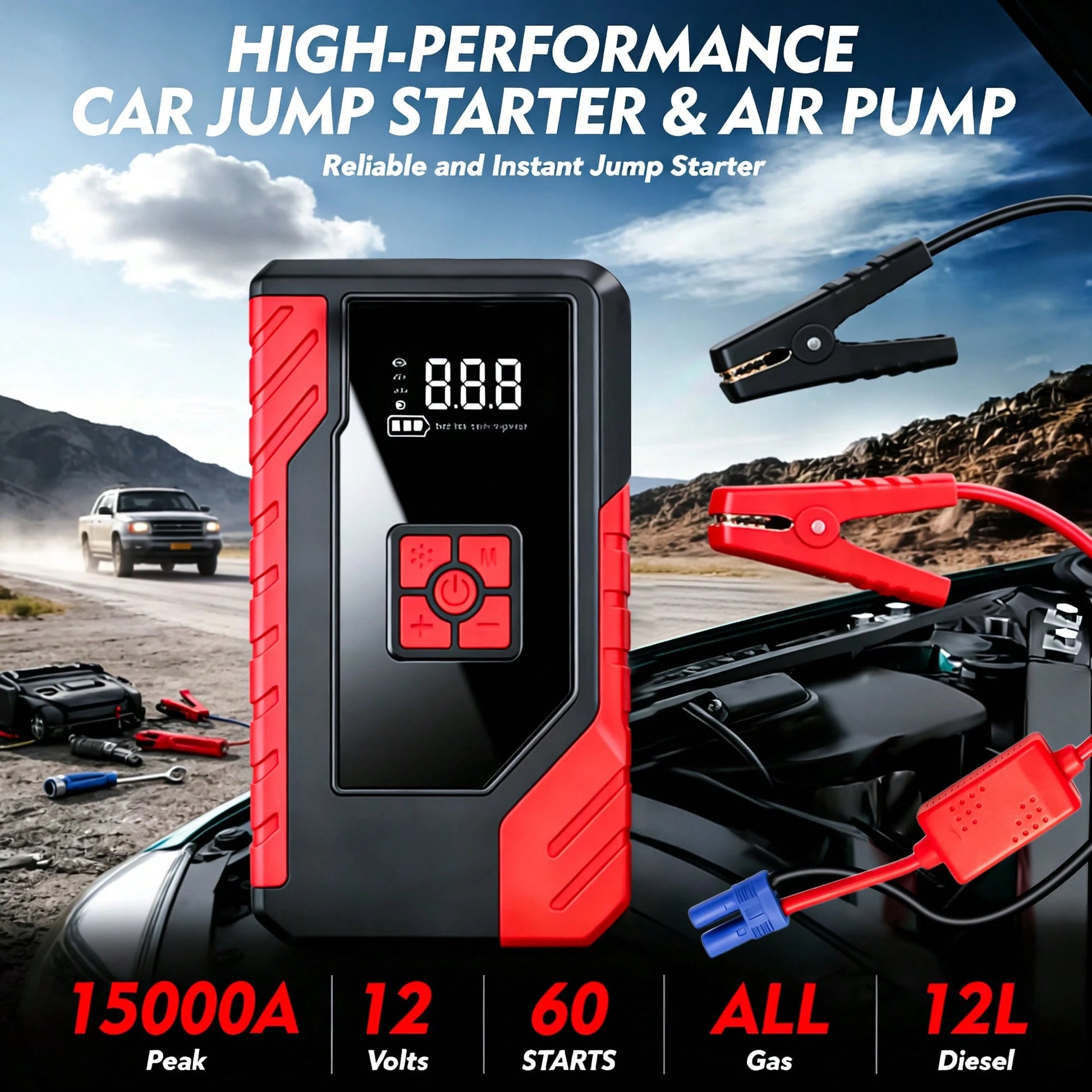 Portable Emergency Jump Starter, 14.8V Car Battery Charger, 10500mAh, Optional Air Pump Emergency Starter, Multiple Modes, Jump Starter Accessories & Tools, Equipped With USB Type-C And USB Output Por
