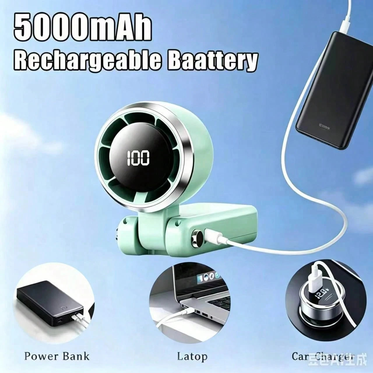 Portable Handheld Turbo Fan- 5-Speed High, 5000mAh Rechargeable Mini Personal Handheld Fan Blowing Cool Air, Battery Powered, Travel Essential, Beach Vacation, Gift For Women And Men (Green, Pink, Be