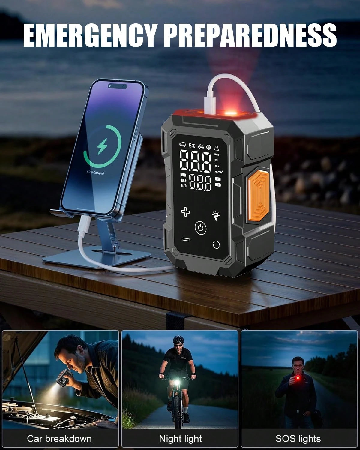 Portable Tire Inflator Air Compressor, Quick Wireless Air Pump, With Digital Display Screen, LED Light, USB Charging, Includes Multi-Function Nozzle Adapter, Lithium Battery, Suitable For Car, Motorcy