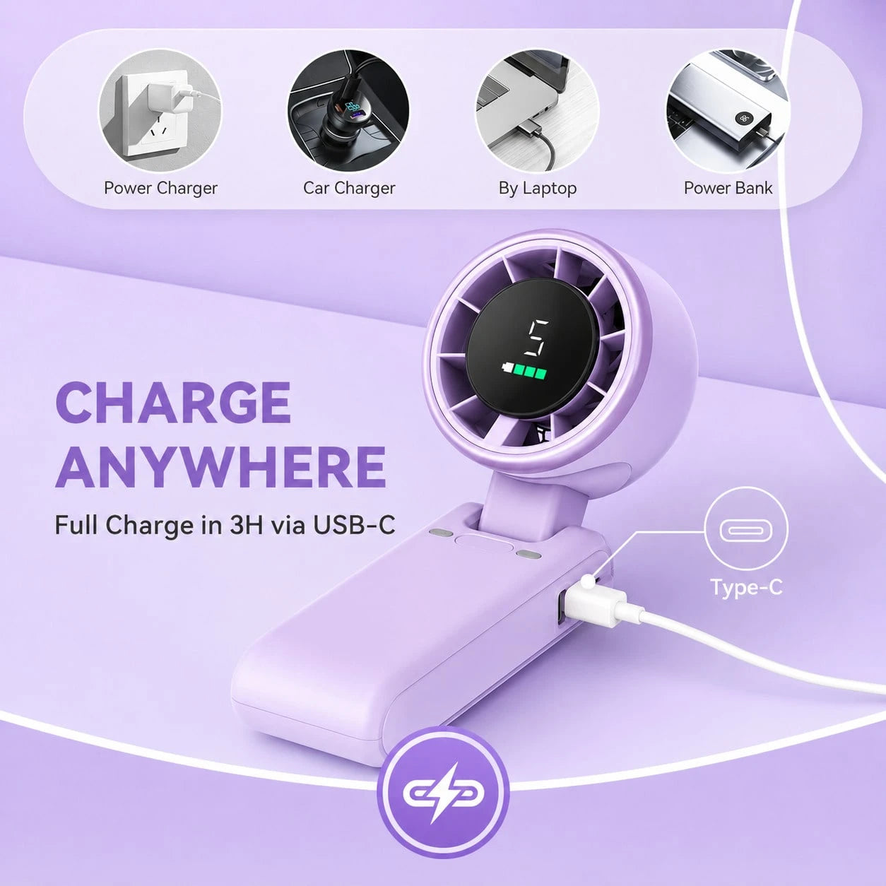 Portable Turbo Fan, 5000mAh Battery Operated, Up To 12 Hours, 5 Gear Wind, LED Display, 180-Degree Foldable, 3-In-1 Hand Fan, Rechargeable Fan With Air-Turbo-Tech Cooling For Outdoor Activities, Trave