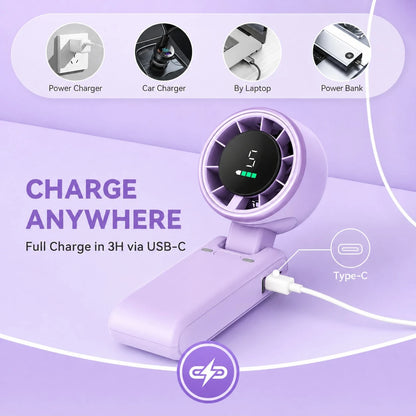 Portable Turbo Fan, 5000mAh Battery Operated, Up To 12 Hours, 5 Gear Wind, LED Display, 180-Degree Foldable, 3-In-1 Hand Fan, Rechargeable Fan With Air-Turbo-Tech Cooling For Outdoor Activities, Trave