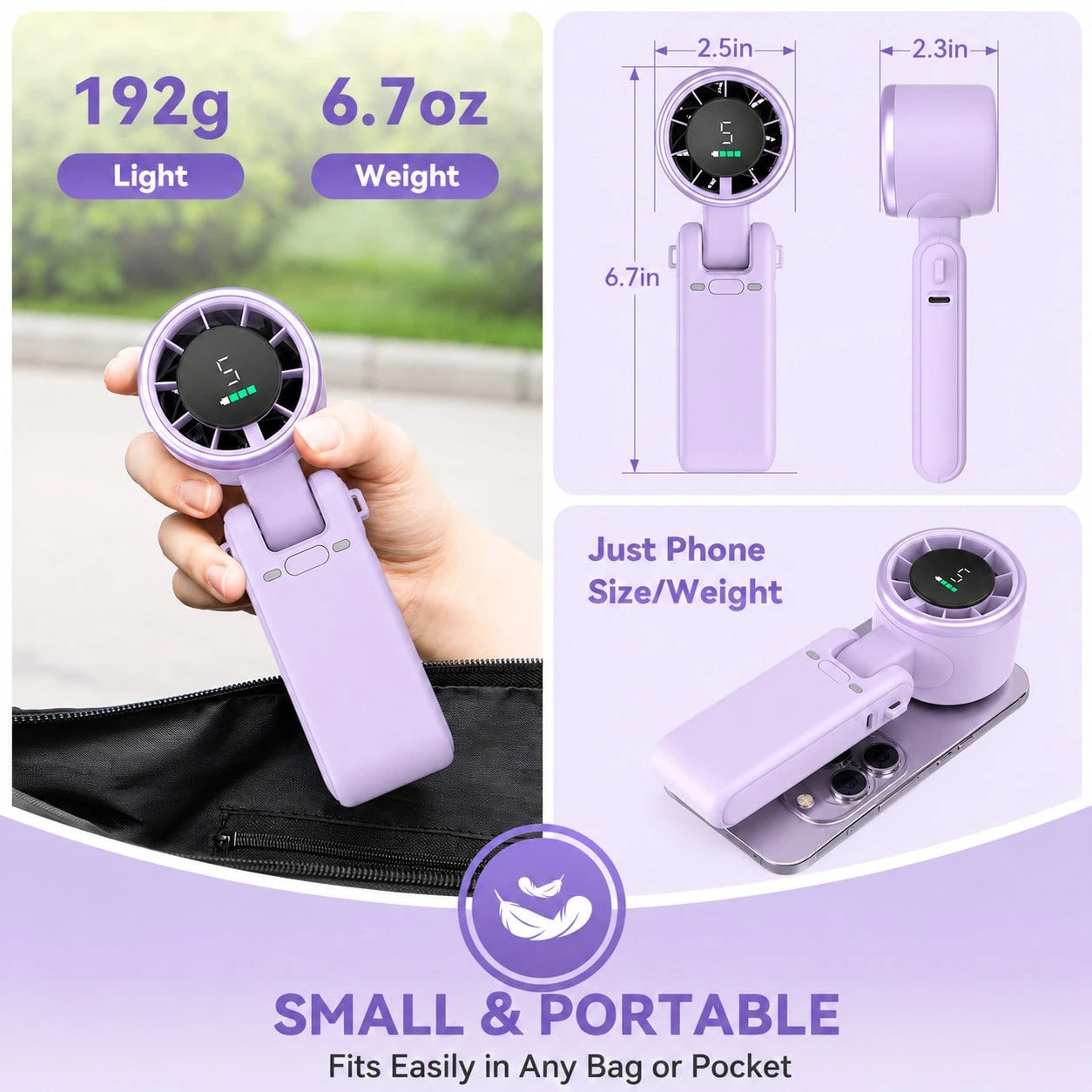 Portable Turbo Fan, 5000mAh Battery Operated, Up To 12 Hours, 5 Gear Wind, LED Display, 180-Degree Foldable, 3-In-1 Hand Fan, Rechargeable Fan With Air-Turbo-Tech Cooling For Outdoor Activities, Trave
