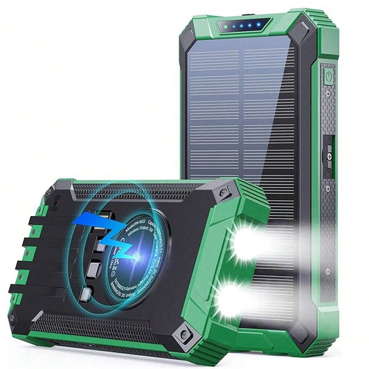 Power Bank Solar Charger 30000mAh Fast Charging With 4 Built-In Cables LED Flashlight External Battery Pack Compatible With All Mobile Phones(3*10000mAh)