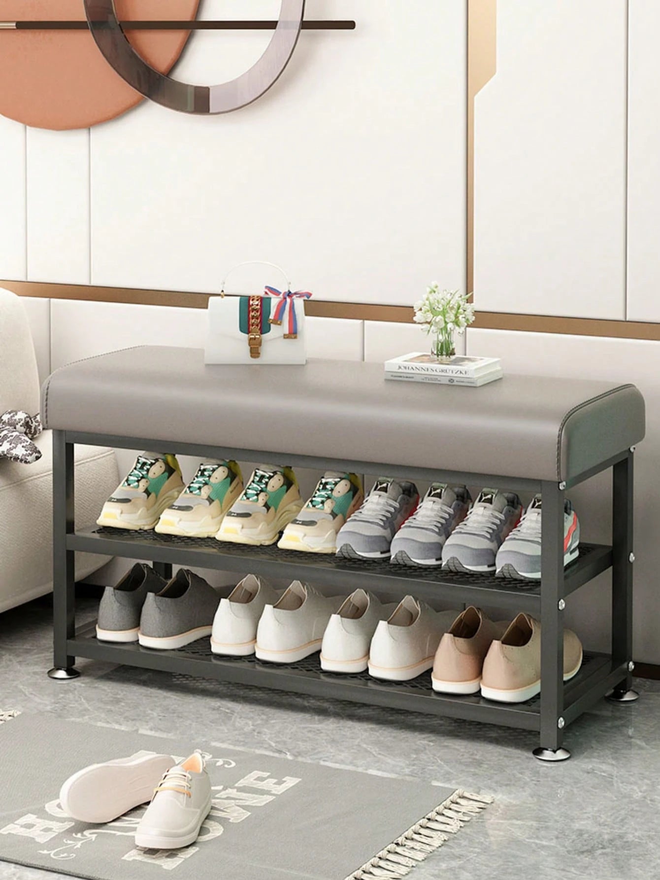 PQSQRJU Storage Bench, Shoe Changing Stool With Metal Frame, Cushioned Seat Shoe Bench‌, Multi-Compartment Organizer Rack For Bedroom, Hallway Entrance