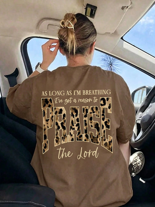 Praise The Lord Leopard Graphic T-Shirt, Christian Casual Round Neck Short Sleeve Tee For Women Summer Brown