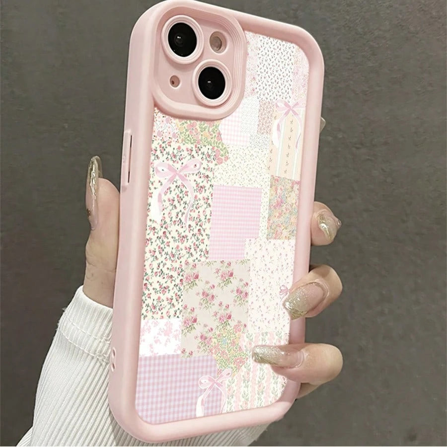 Pretty Pink Floral Patchwork Quilt Design Black Phone Case For IPhone X/XS/11/12/13/14/15/16 Pro- Sleek & Durable Cover For Cool Guys & Girls, Anti-Scratch With Full Camera Protection- Perfect Unis