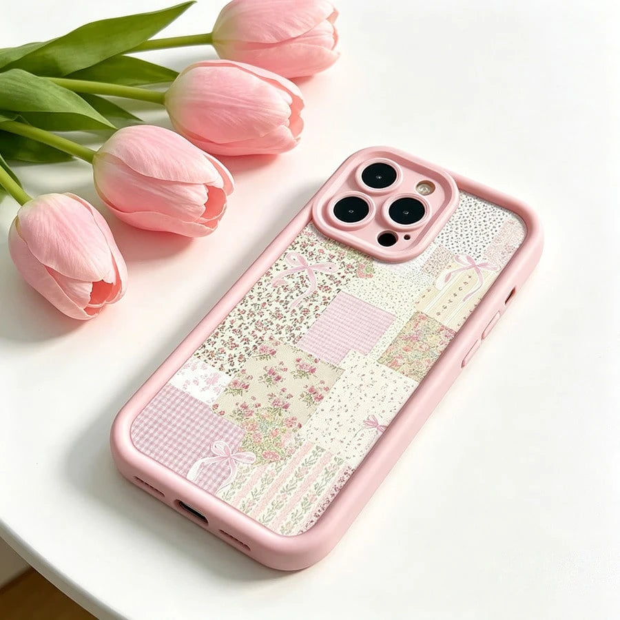 Pretty Pink Floral Patchwork Quilt Design Black Phone Case For IPhone X/XS/11/12/13/14/15/16 Pro- Sleek & Durable Cover For Cool Guys & Girls, Anti-Scratch With Full Camera Protection- Perfect Unis