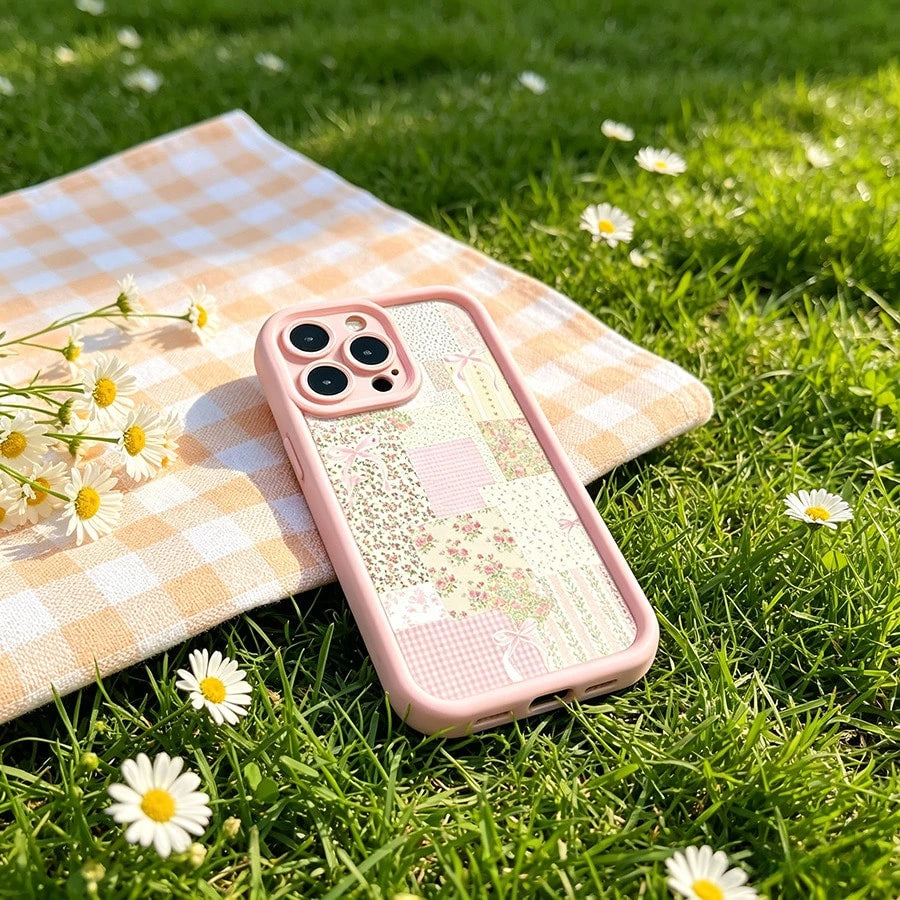 Pretty Pink Floral Patchwork Quilt Design Black Phone Case For IPhone X/XS/11/12/13/14/15/16 Pro- Sleek & Durable Cover For Cool Guys & Girls, Anti-Scratch With Full Camera Protection- Perfect Unis