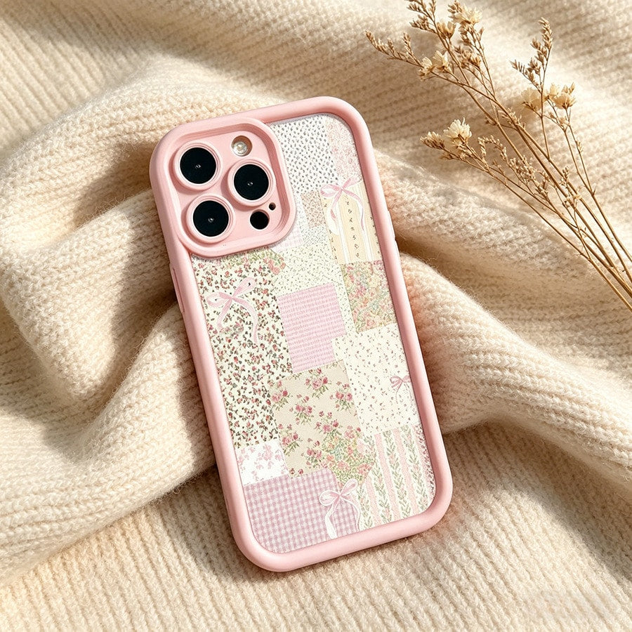 Pretty Pink Floral Patchwork Quilt Design Black Phone Case For IPhone X/XS/11/12/13/14/15/16 Pro- Sleek & Durable Cover For Cool Guys & Girls, Anti-Scratch With Full Camera Protection- Perfect Unis