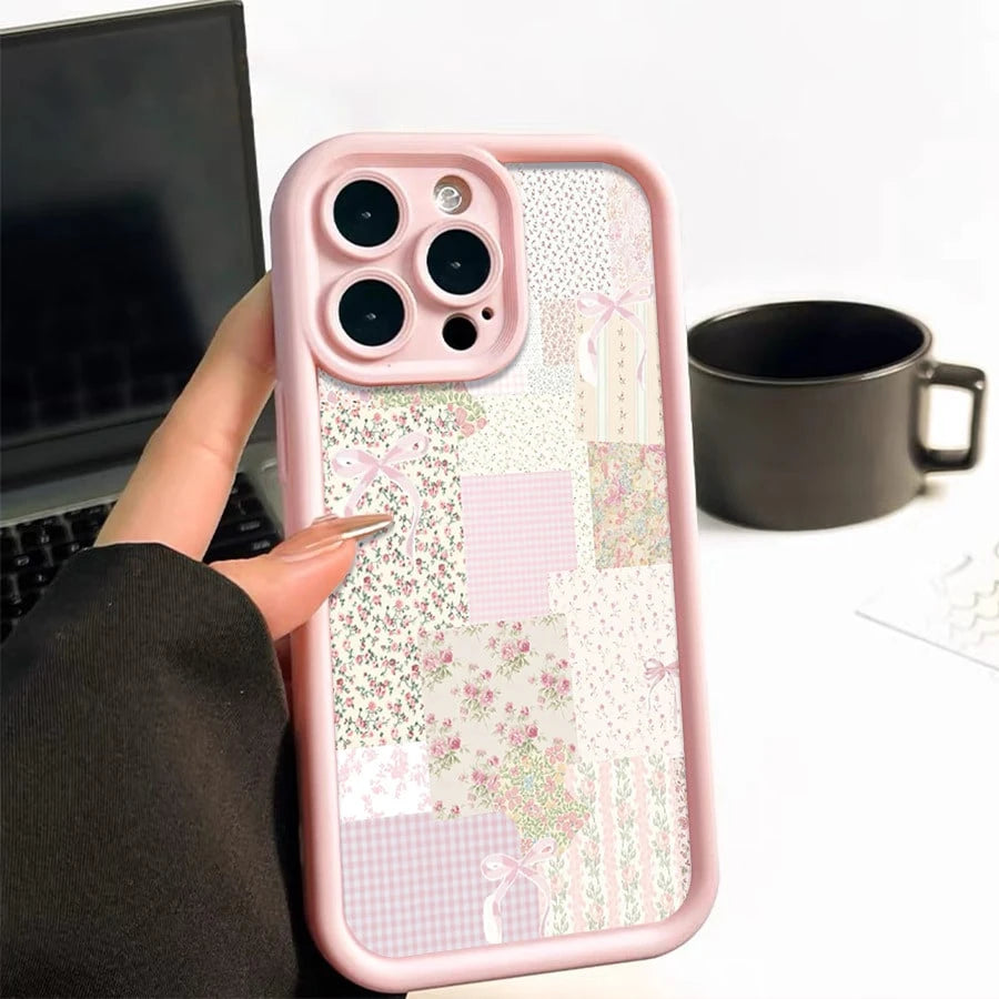 Pretty Pink Floral Patchwork Quilt Design Black Phone Case For IPhone X/XS/11/12/13/14/15/16 Pro- Sleek & Durable Cover For Cool Guys & Girls, Anti-Scratch With Full Camera Protection- Perfect Unis
