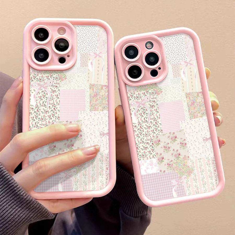 Pretty Pink Floral Patchwork Quilt Design Black Phone Case For IPhone X/XS/11/12/13/14/15/16 Pro- Sleek & Durable Cover For Cool Guys & Girls, Anti-Scratch With Full Camera Protection- Perfect Unis