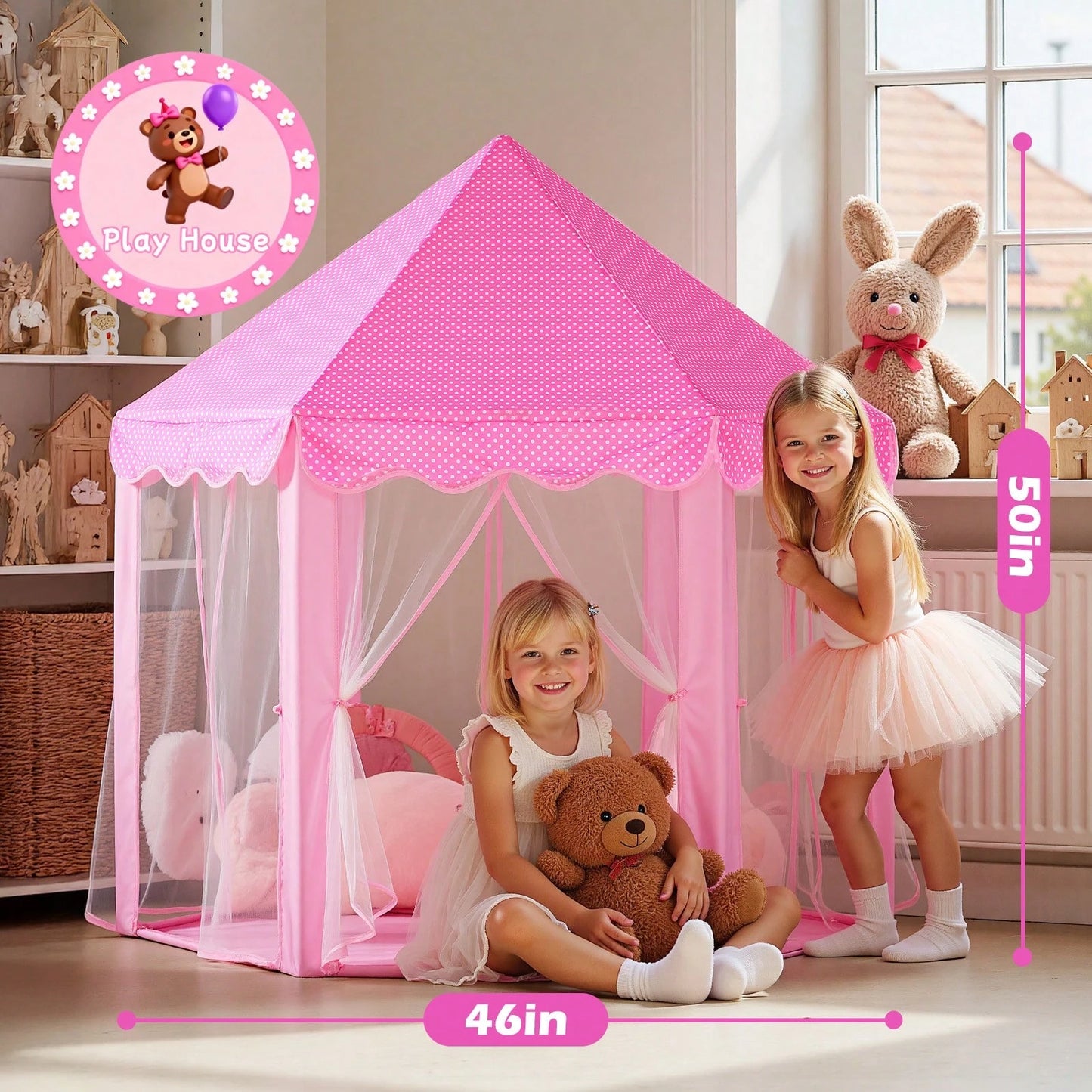 Princess Castle Tent Toys For Girls With Star Lights, Hexagon Playhouse For Indoor Outdoor Games, Fairy Themed Play Tent Gift For Kids & Toddlers
