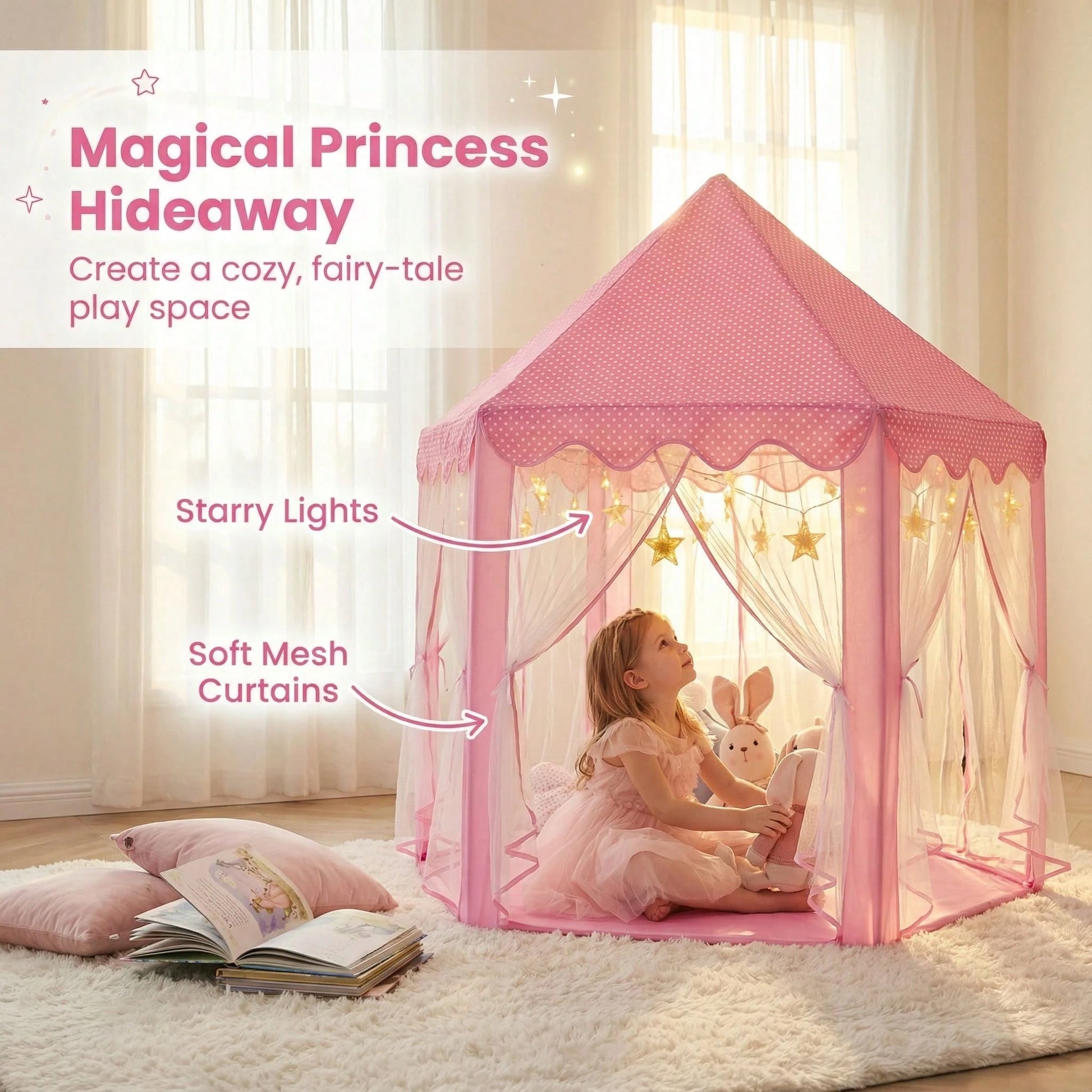 Princess Castle Tent Toys For Girls With Star Lights, Hexagon Playhouse For Indoor Outdoor Games, Fairy Themed Play Tent Gift For Kids & Toddlers
