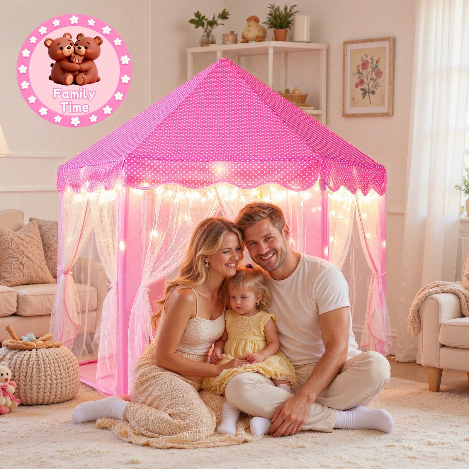 Princess Castle Tent Toys For Girls With Star Lights, Hexagon Playhouse For Indoor Outdoor Games, Fairy Themed Play Tent Gift For Kids & Toddlers