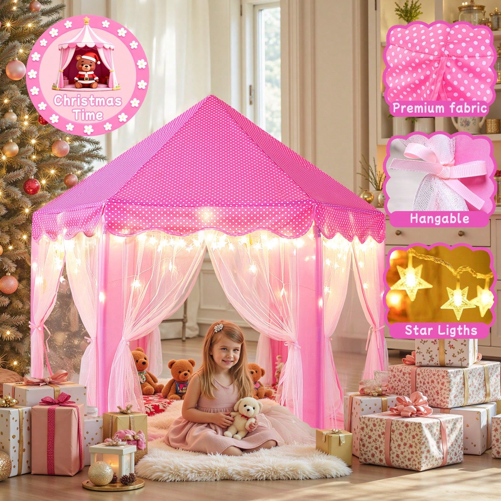 Princess Castle Tent Toys For Girls With Star Lights, Hexagon Playhouse For Indoor Outdoor Games, Fairy Themed Play Tent Gift For Kids & Toddlers