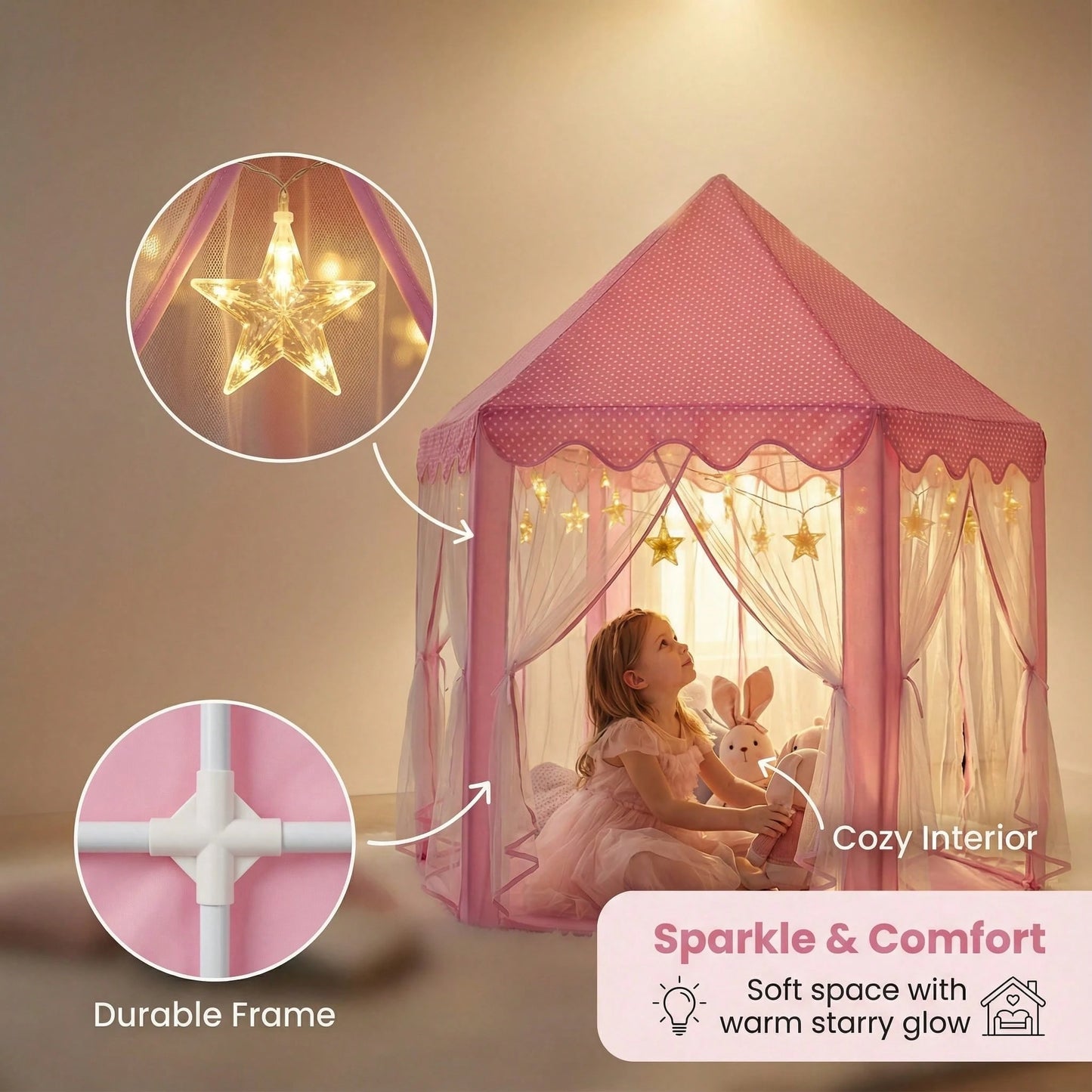 Princess Castle Tent Toys For Girls With Star Lights, Hexagon Playhouse For Indoor Outdoor Games, Fairy Themed Play Tent Gift For Kids & Toddlers