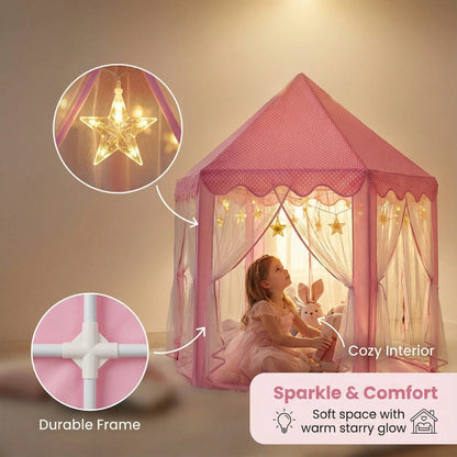 Princess Castle Tent Toys For Girls With Star Lights, Hexagon Playhouse For Indoor Outdoor Games, Fairy Themed Play Tent Gift For Kids & Toddlers